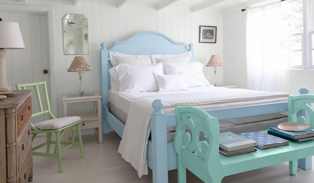 Benjamin Moore ADVANCE Jet Stream in Satin on Bed, Ocean Spray in Semi-Gloss on bench