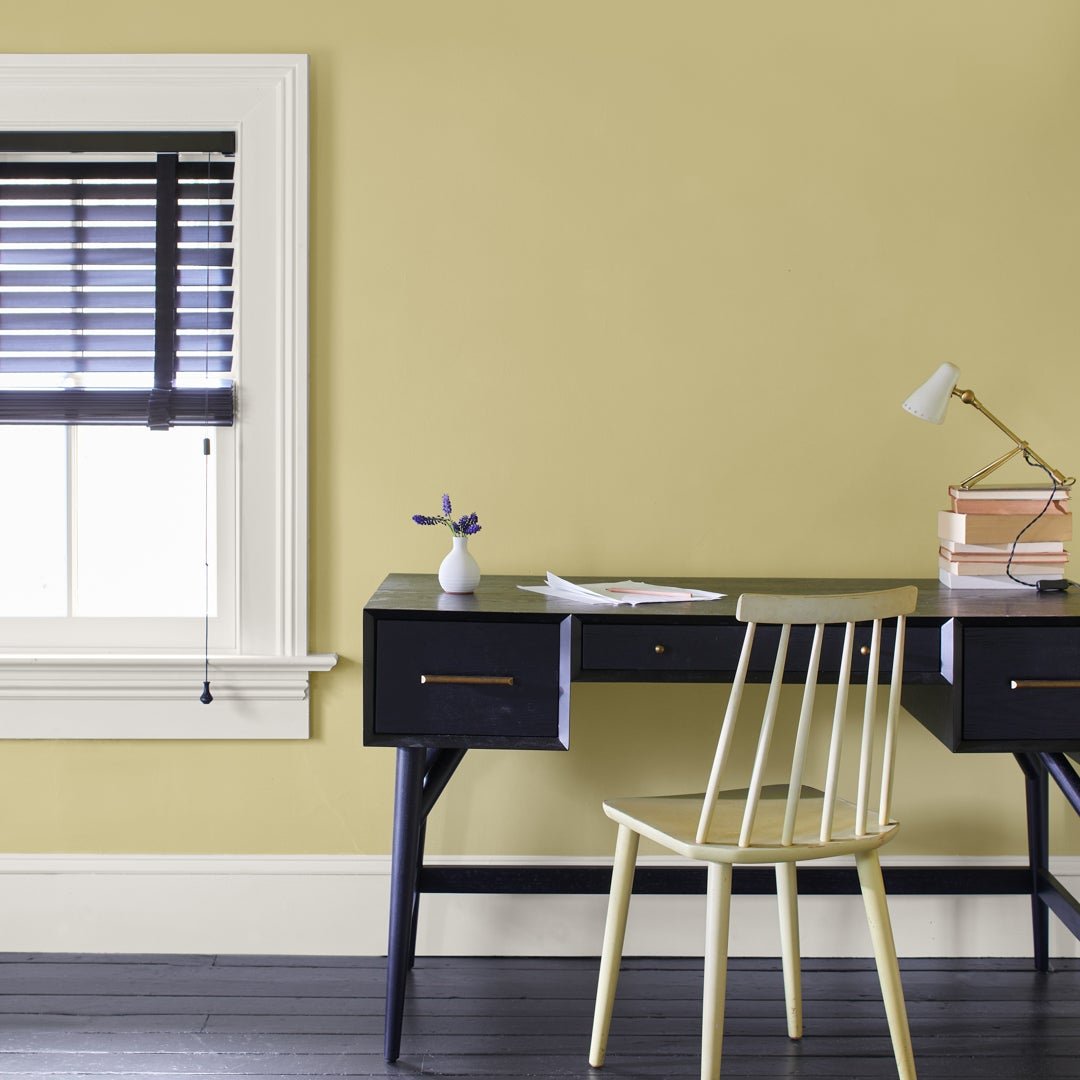Home office corner in Benjamin Moore Beacon Hill Damask