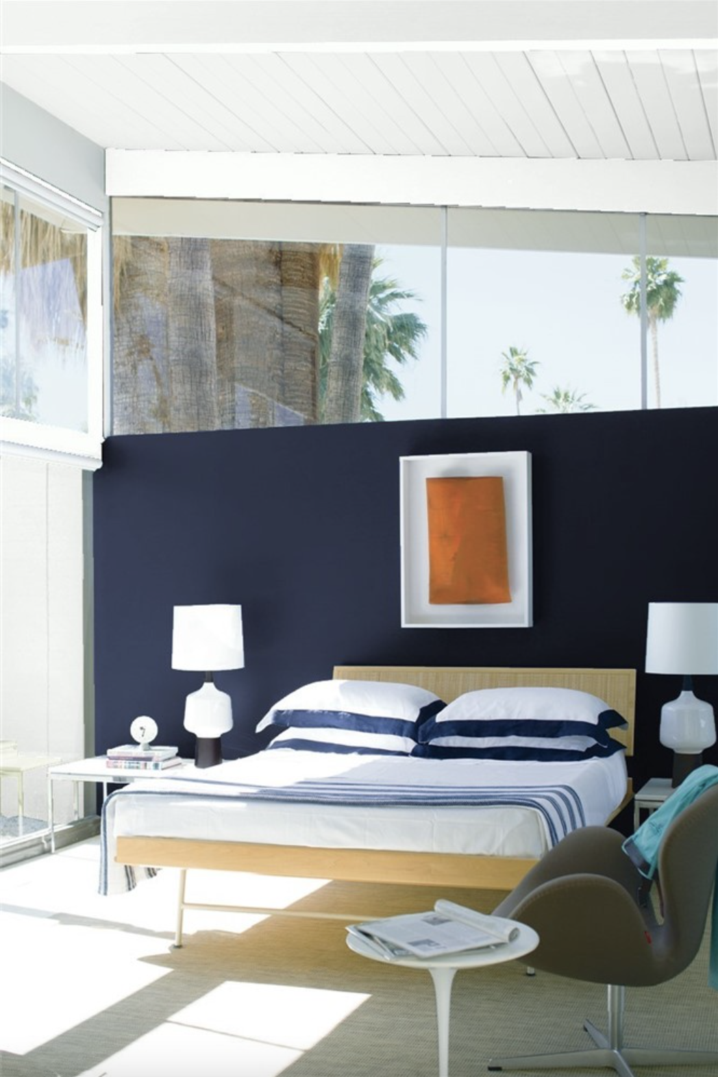 Benjamin Moore Old Navy accent color in a modern bedroom