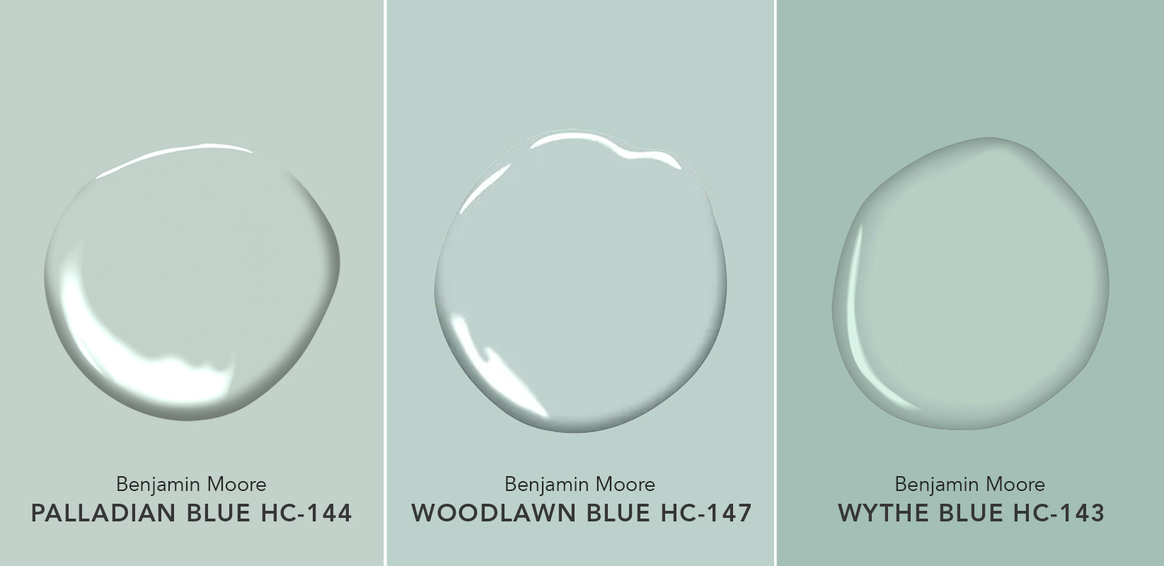 Benjamin Moore blue-greens: Palladian Blue vs. Woodlawn Blue vs. Wythe Blue
