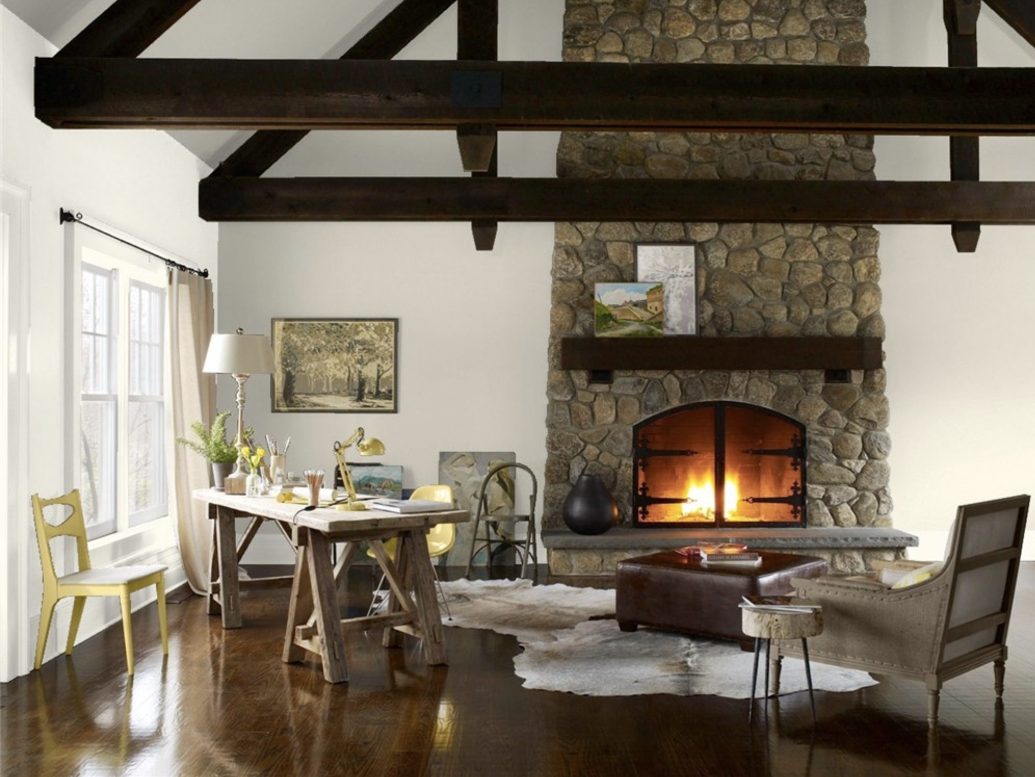 Living room with fireplace accent wall in Revere Pewter with main wall in Benjamin Moore White Dove OC-17