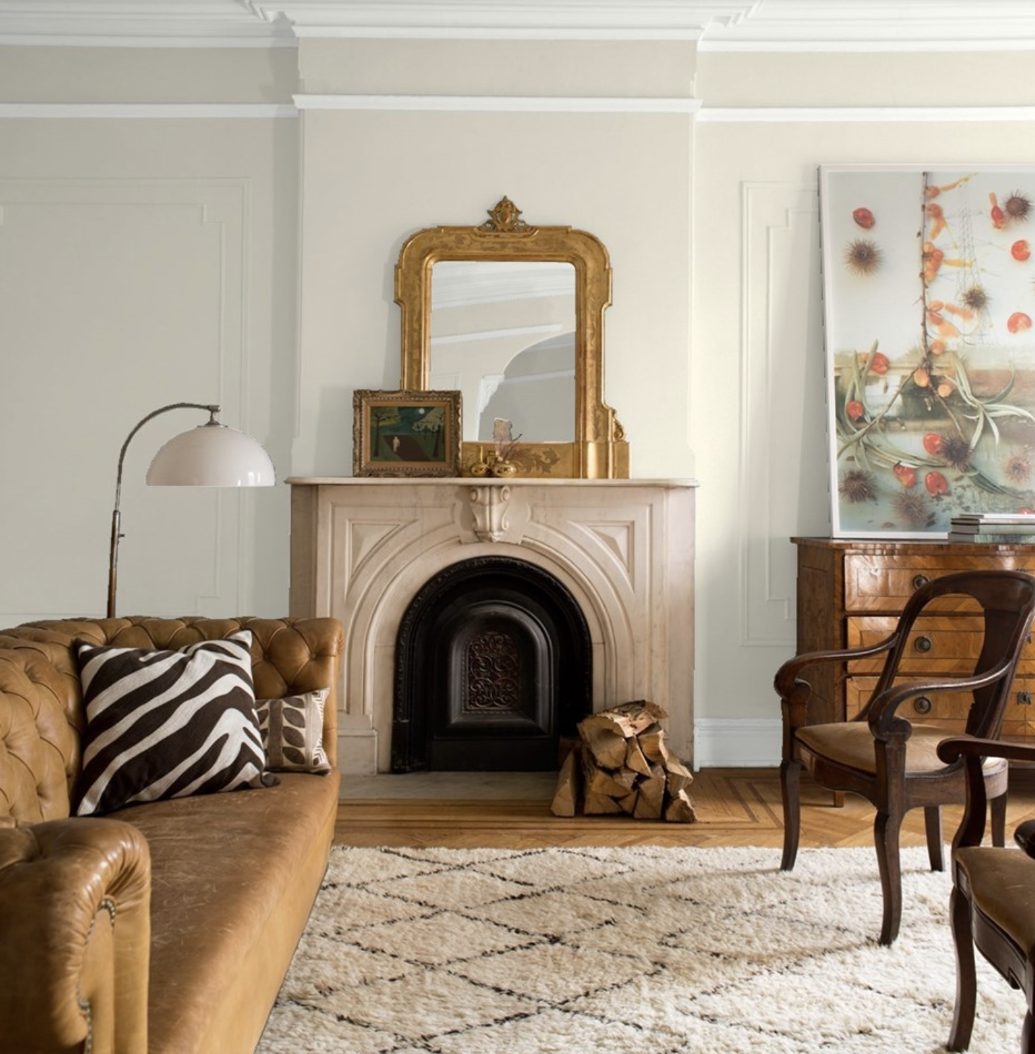 Traditional living room with Benjamin Moore Revere Pewter walls