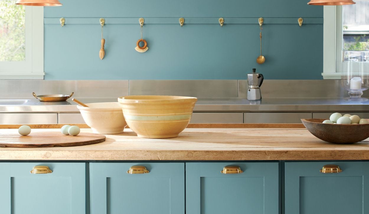 Kitchen cabinets painted with Benjamin Moore ADVANCE in Aegean Teal 2136-40, Satin