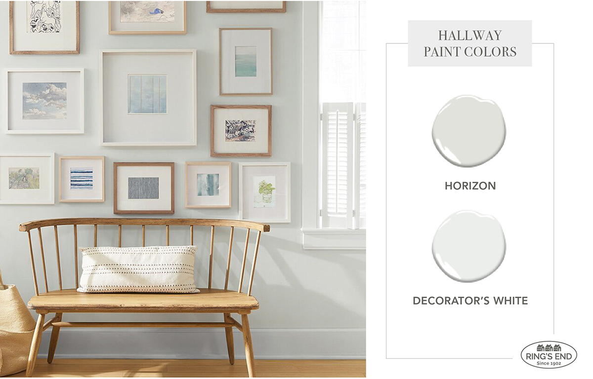 Hallway painted in Benjamin Moore Horizon OC-53 with trim shutters painted in Benjamin Moore Decorator’s White OC-149