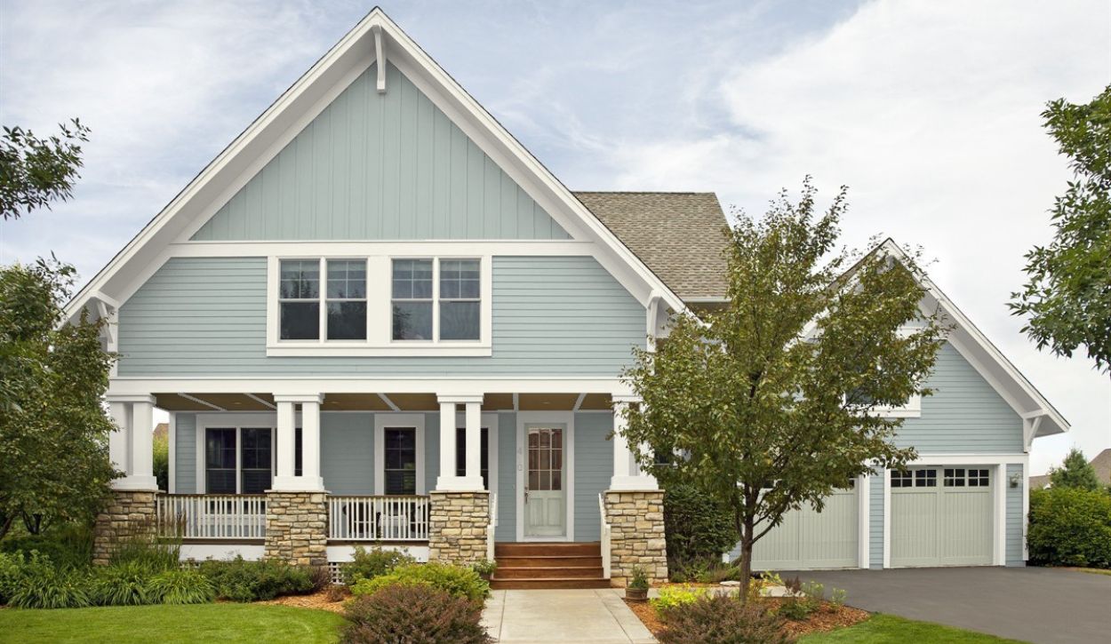 Benjamin Moore exterior paint: wood siding in Beach Glass, trim in White Dove, Doors in October Mist