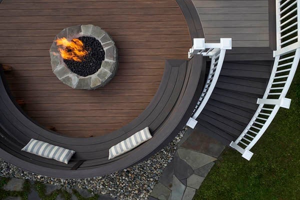 Timbertech Advanced PVC by AZEK in Mahogany, Coastline and Dark Hickory on custom curved seating