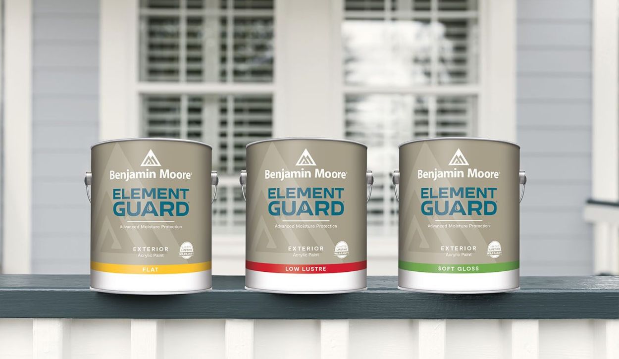 Benjamin Moore Element Guard paint cans in three finishes: flat, low lustre, and soft gloss