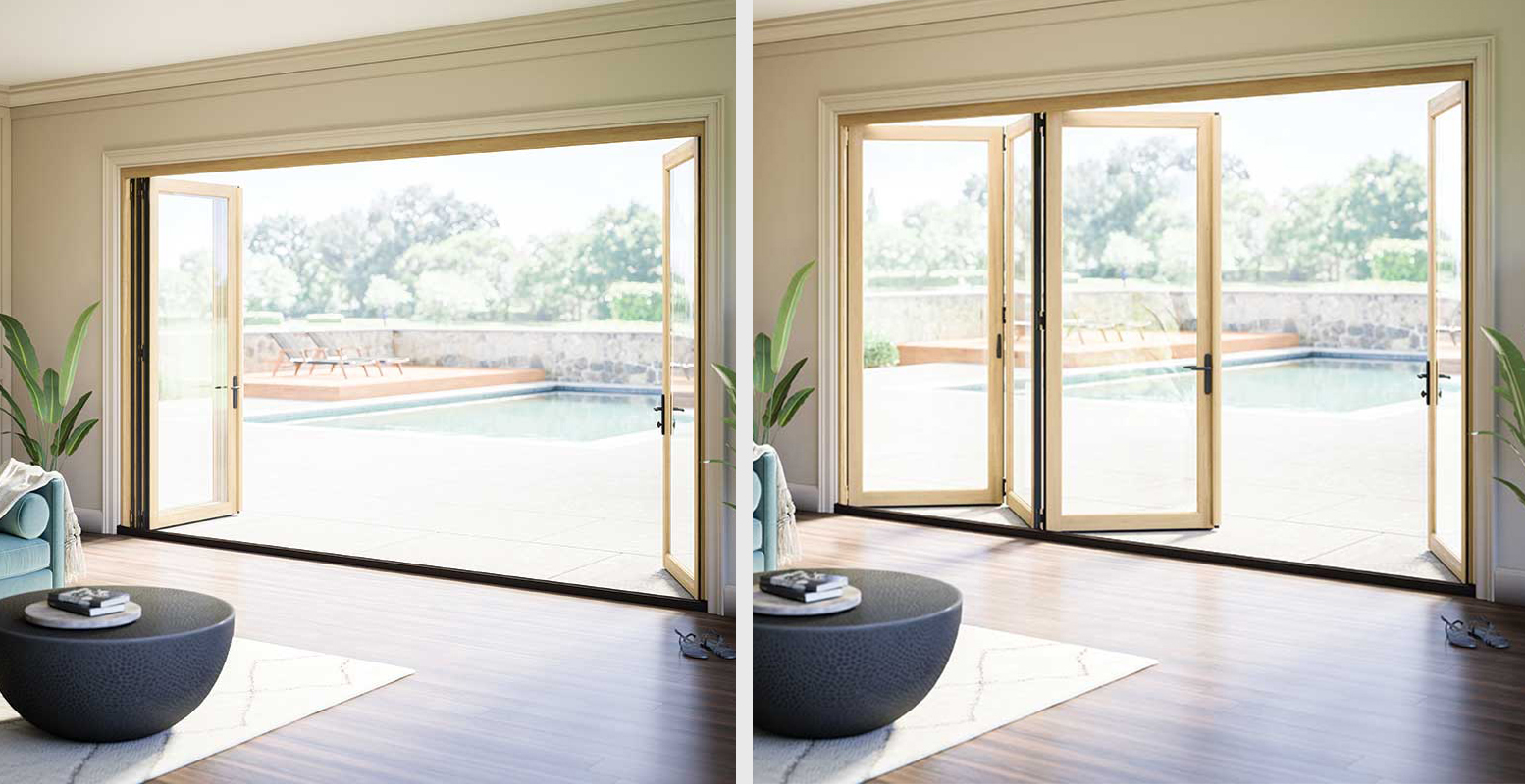 Marvin Elevate Bi-Fold Door in partially open and open configurations
