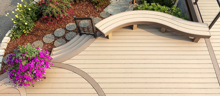 TimberTech Advanced PVC decking in Brownstone with curved transition board