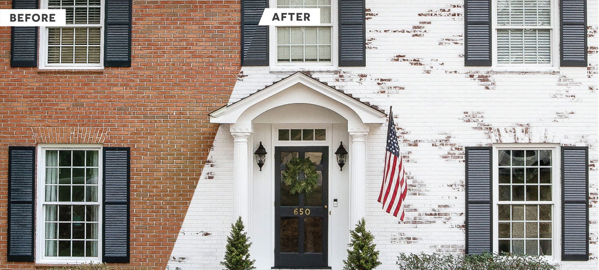 Before and after image of a house with red brick, limewashed with white