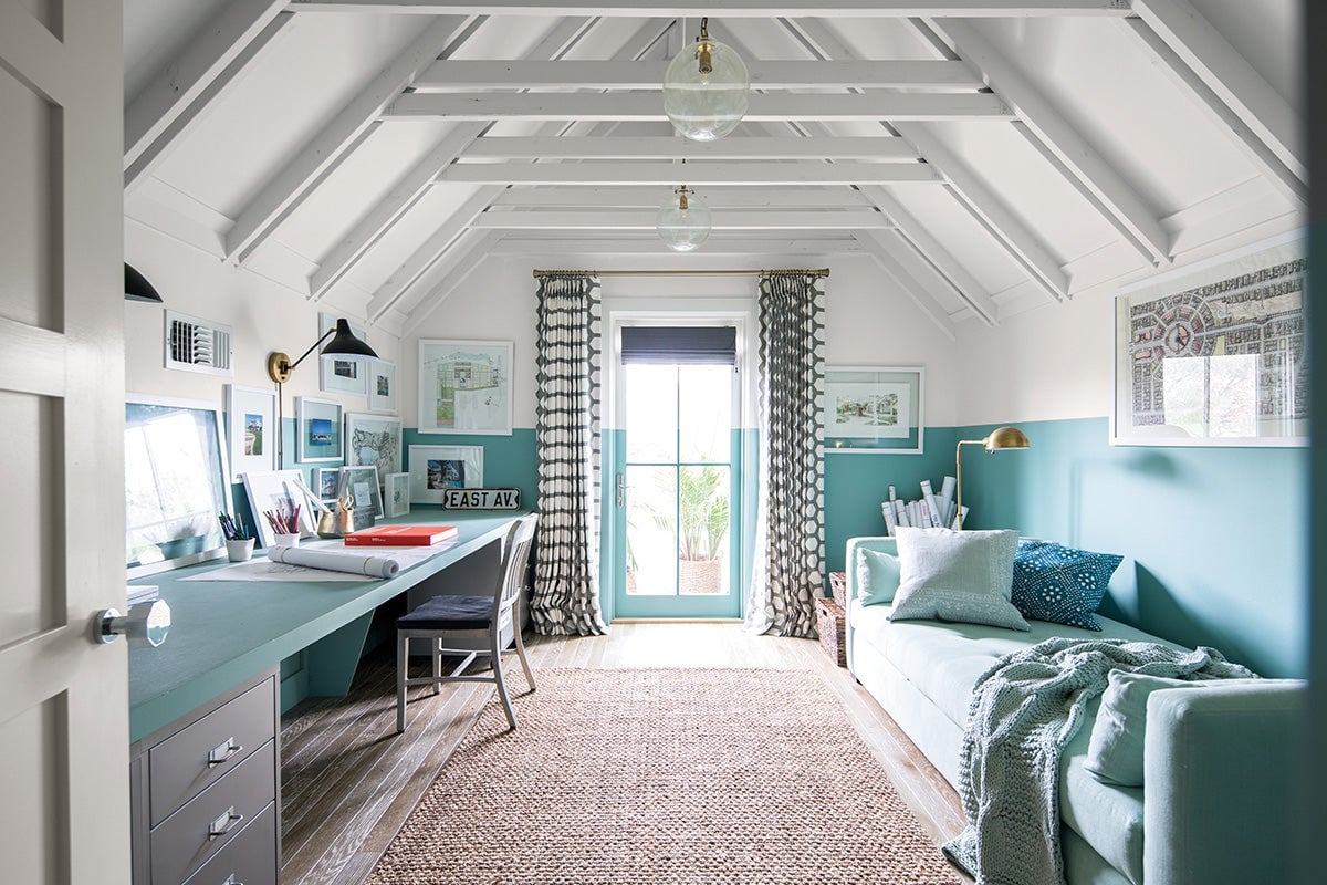 Office with Benjamin Moore Turquoise Powder on lower walls and Pure White on top
